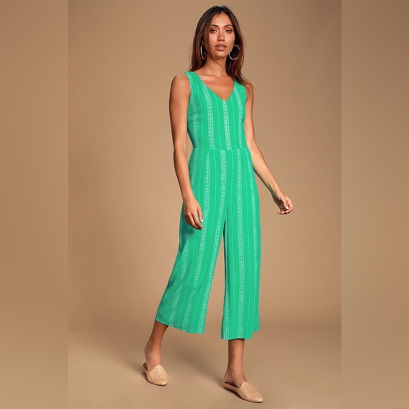 Lulus Alava Green Striped Sleeveless Tie-Back Culotte Jumpsuit large L - Picture 1 of 10